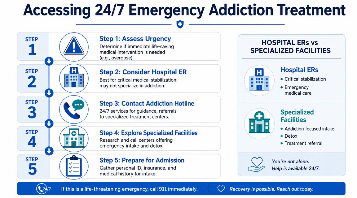 A flowchart infographic titled Accessing 24/7 Emergency Addiction Treatment outlining five steps to seek professional help.