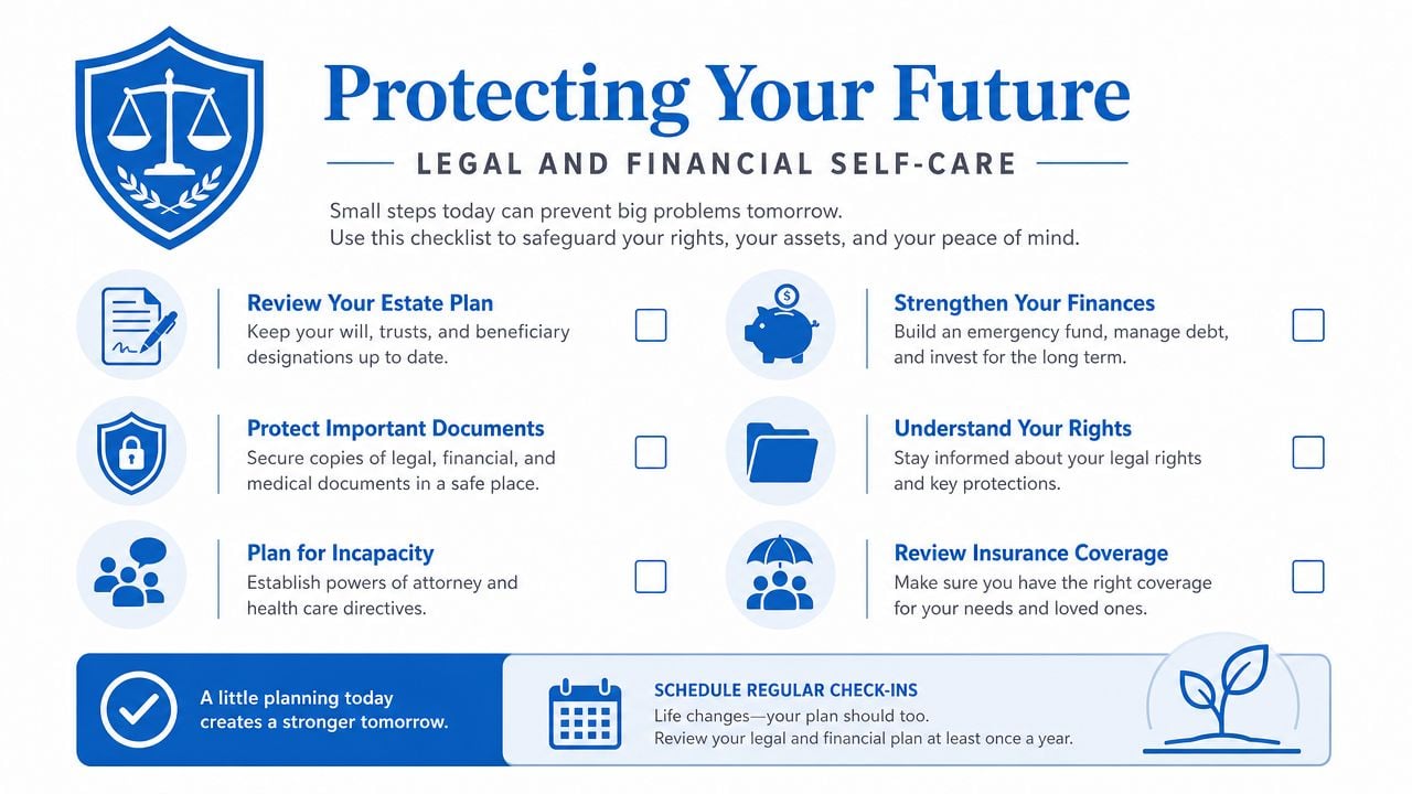 An infographic checklist titled Protecting Your Future, detailing legal and financial self-care steps for personal planning.