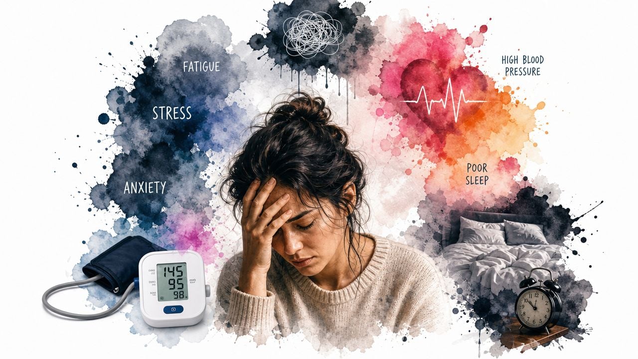 A woman looks stressed with blood pressure monitor, sleep-related icons, and health warning text displayed around her.