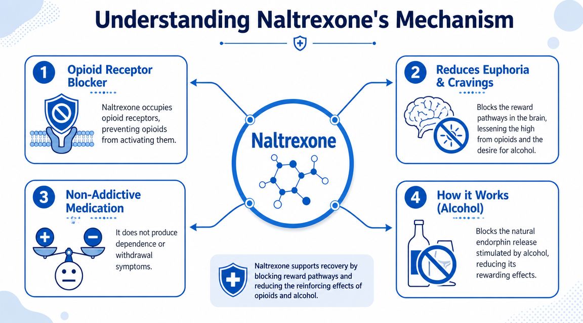 An infographic explaining the mechanism of Naltrexone in treating opioid and alcohol addiction recovery.