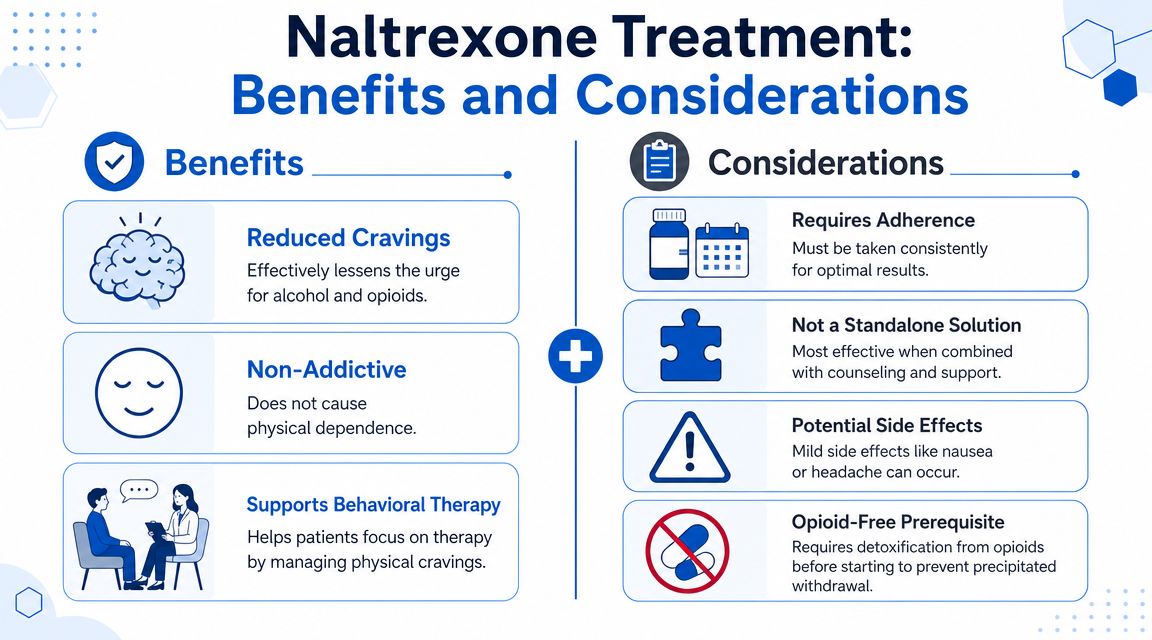 An infographic summarizing the key benefits and treatment considerations for individuals using Naltrexone for addiction recovery.