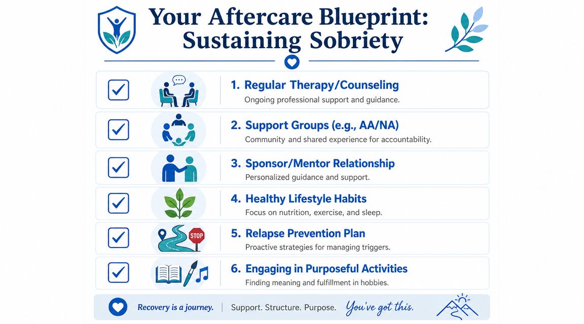 An infographic titled Your Aftercare Blueprint outlining six essential steps for maintaining long-term sobriety and recovery.