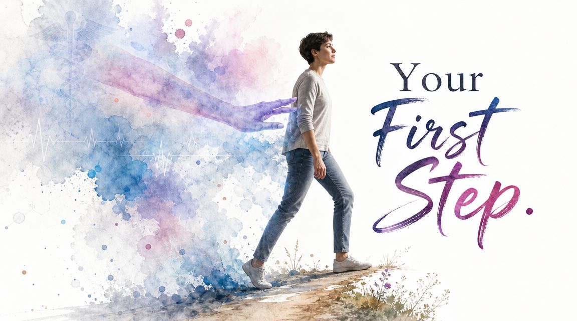 A woman walks forward, representing progress, while a ethereal, watercolor-style medical hand reaches out toward her.