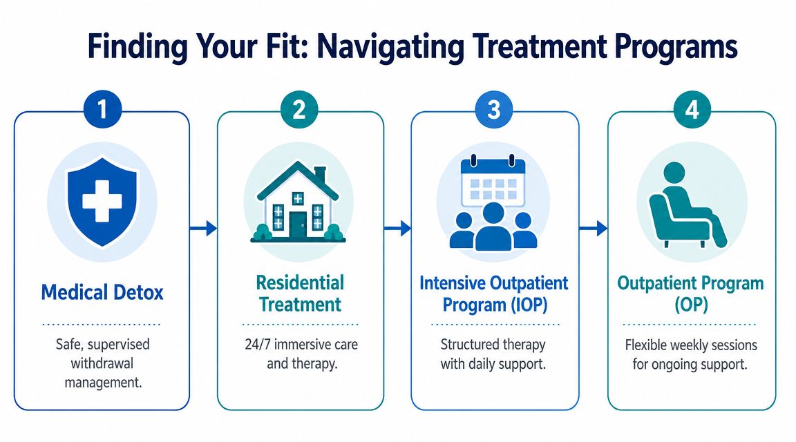 A flow chart illustrating four levels of addiction treatment programs, ranging from medical detox to outpatient support.