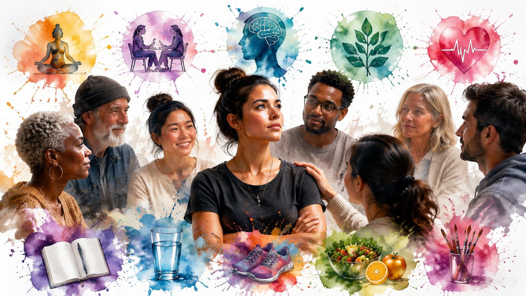 A diverse group of people surrounding a central woman, surrounded by icons representing wellness and holistic recovery.