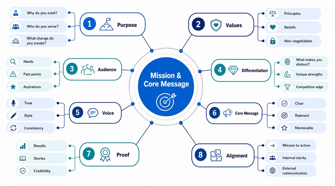 A diagram illustrating the eight core components for developing a business mission and core message strategy.