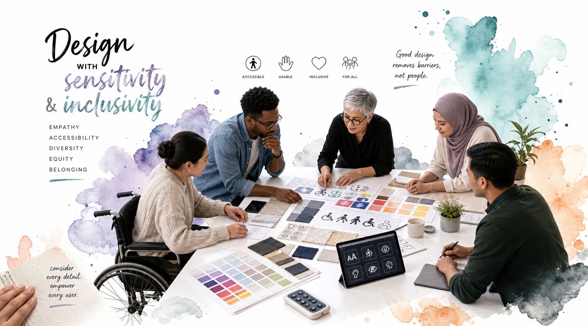 A diverse group of professionals working together around a table on an inclusive design project.