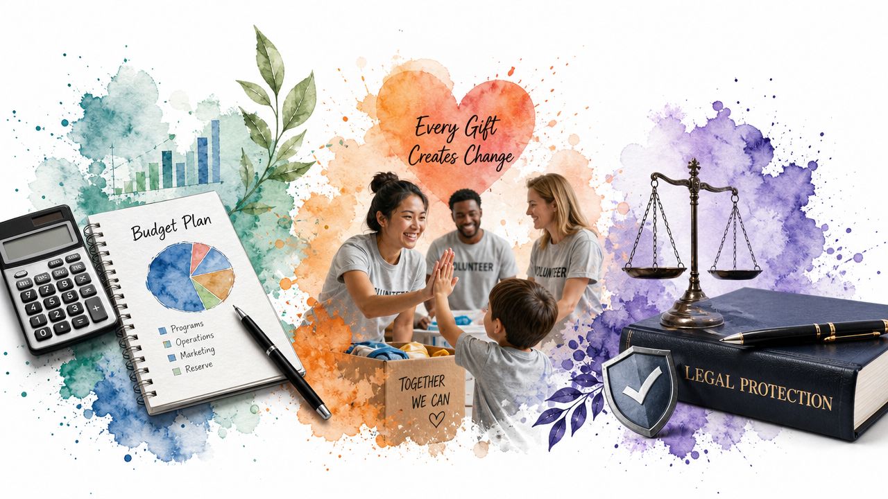 A conceptual collage showcasing nonprofit financial planning, community volunteering, and legal protection for charitable organizations.