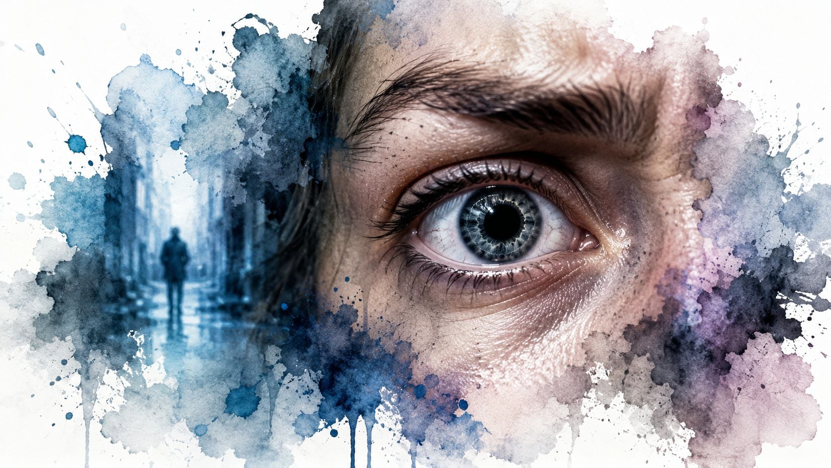 A close-up of a human eye with dilated pupils, surrounded by artistic blue and purple watercolor splashes.