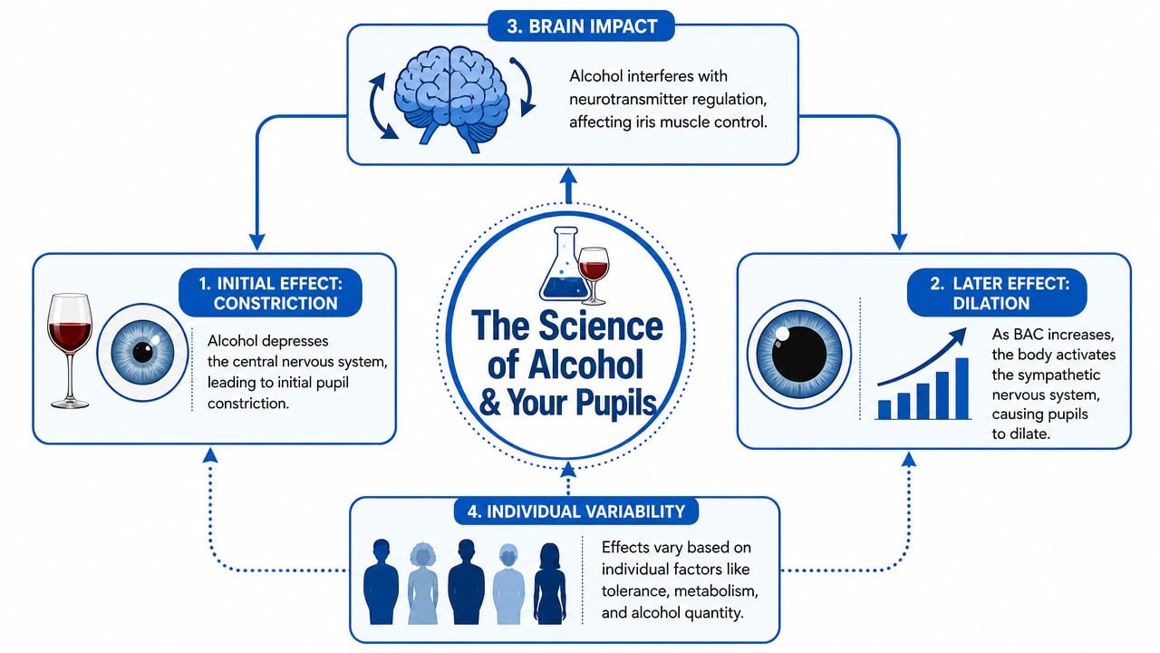 A diagram illustrating how alcohol consumption affects pupil size through brain impact, initial constriction, and later dilation.