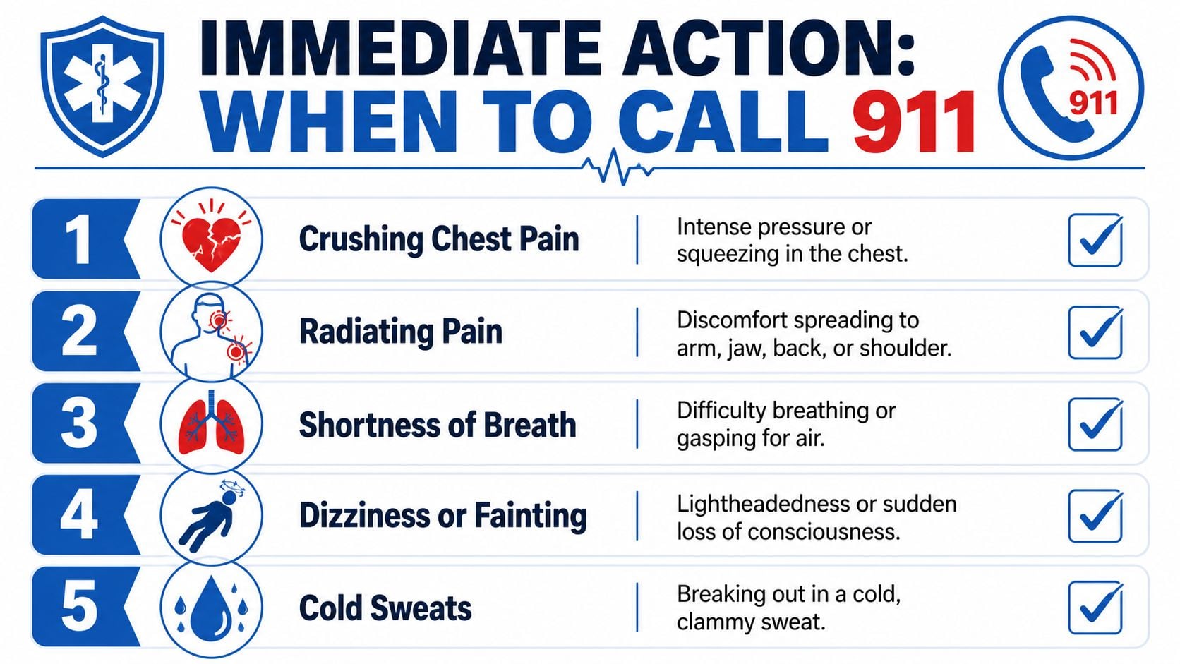 An infographic showing five emergency symptoms for when to call 911 for chest pain.