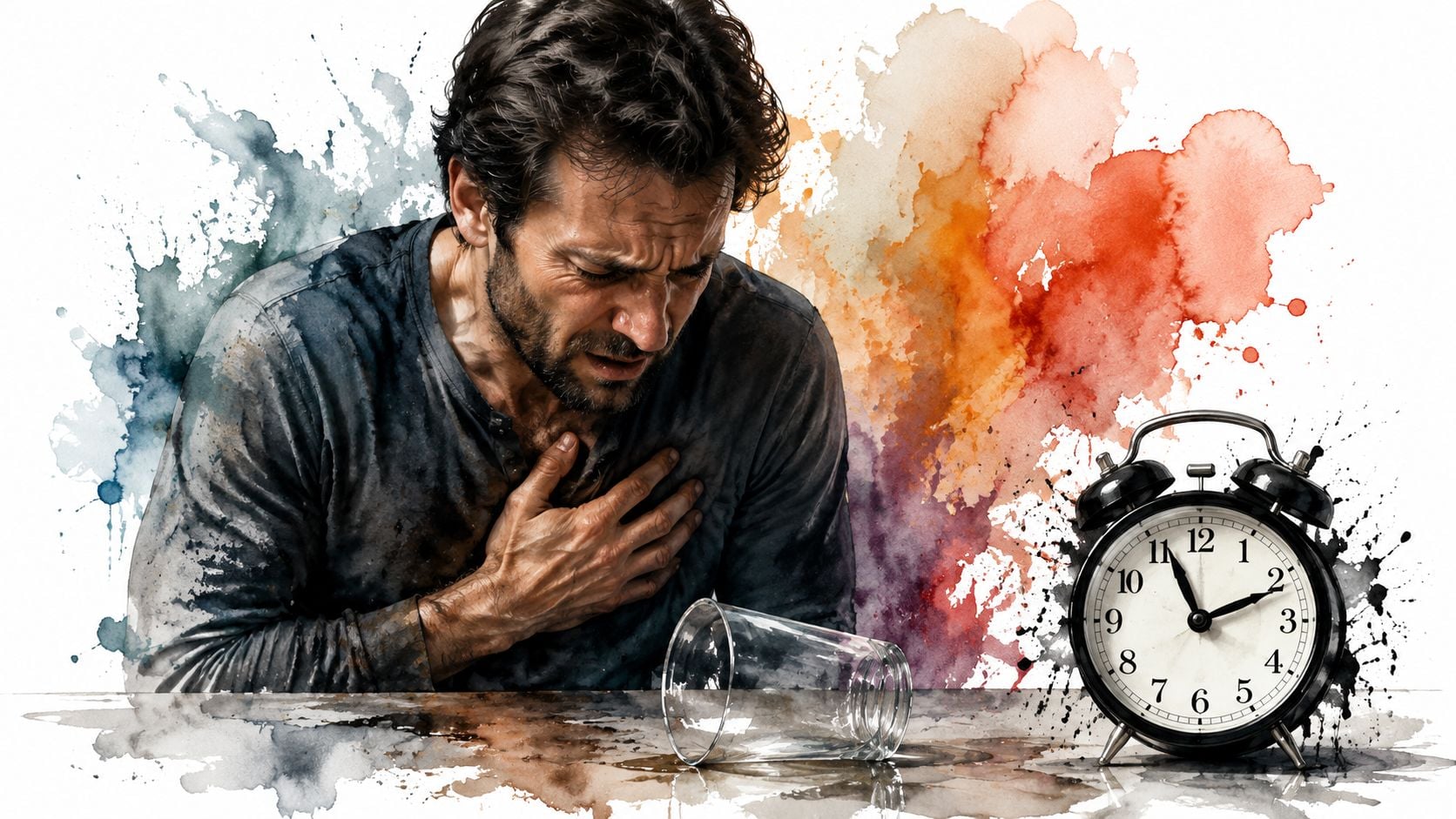 A man clutching his chest in pain beside an overturned glass and a clock on a table.