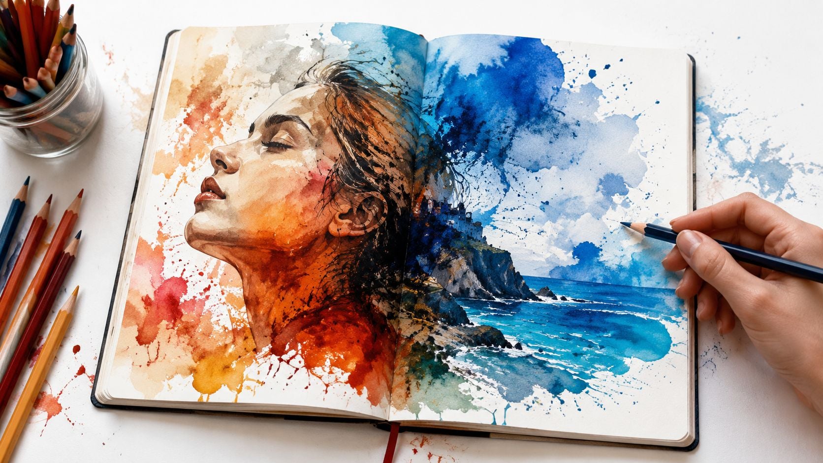 An artist drawing a vibrant watercolor illustration of a face transitioning into a coastal landscape in a sketchbook.