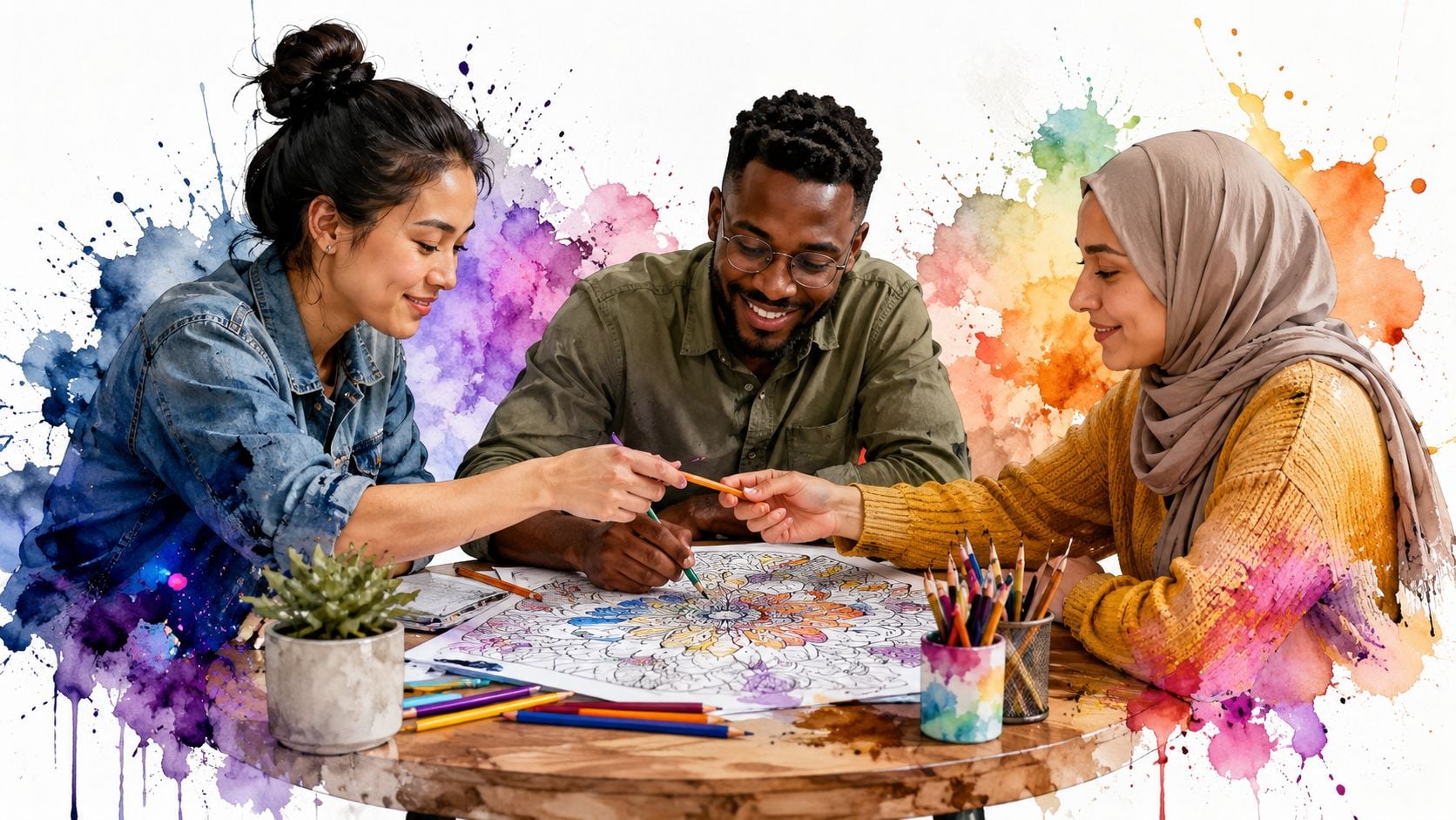 Three diverse friends collaborate while coloring a detailed mandala design on a wooden table together.