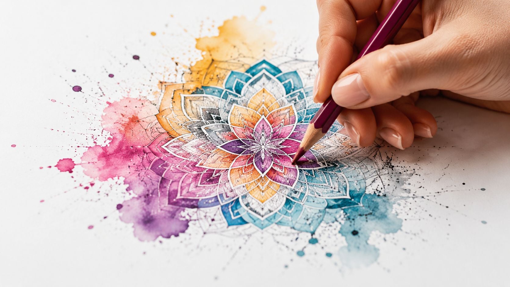 A person coloring a vibrant, intricate watercolor mandala drawing with a colored pencil on white paper.