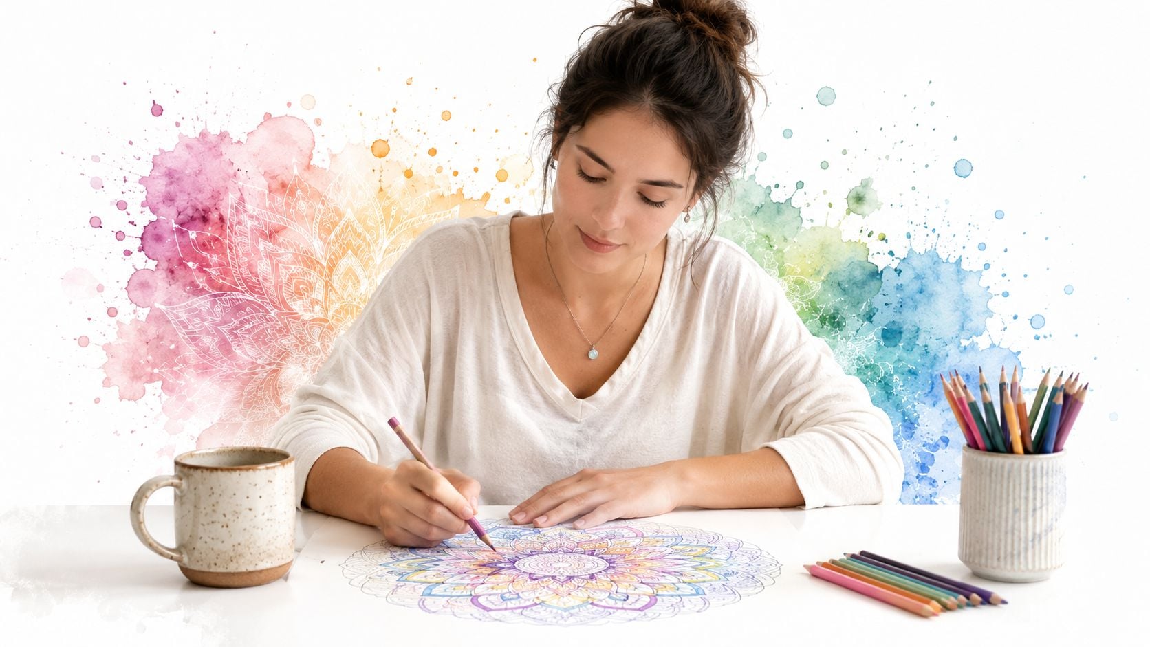A woman coloring an intricate mandala design with colored pencils at a bright, creative workspace.
