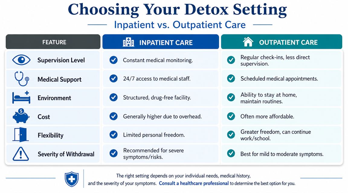 A comparison table outlining the differences between inpatient and outpatient detoxification care settings for patients.