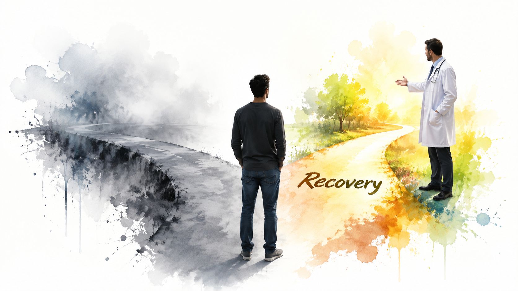 A man standing between a dark, gloomy path and a bright, vibrant, colorful road towards recovery.