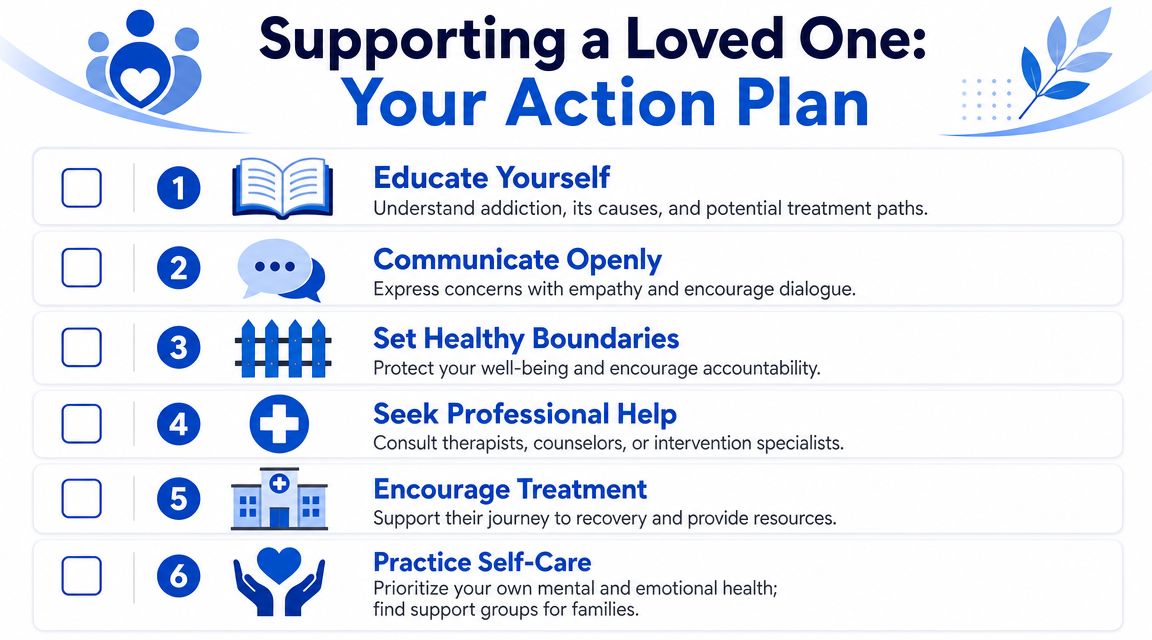 A six-step action plan infographic for supporting a loved one struggling with addiction and recovery.