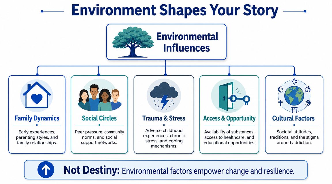 A diagram illustrating how various environmental factors like family, social circles, and culture influence personal stories.