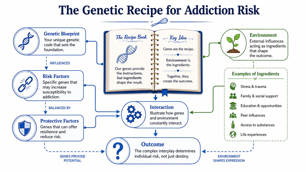 A diagram explaining the complex interaction between genetic blueprints and environmental influences in determining addiction risk.