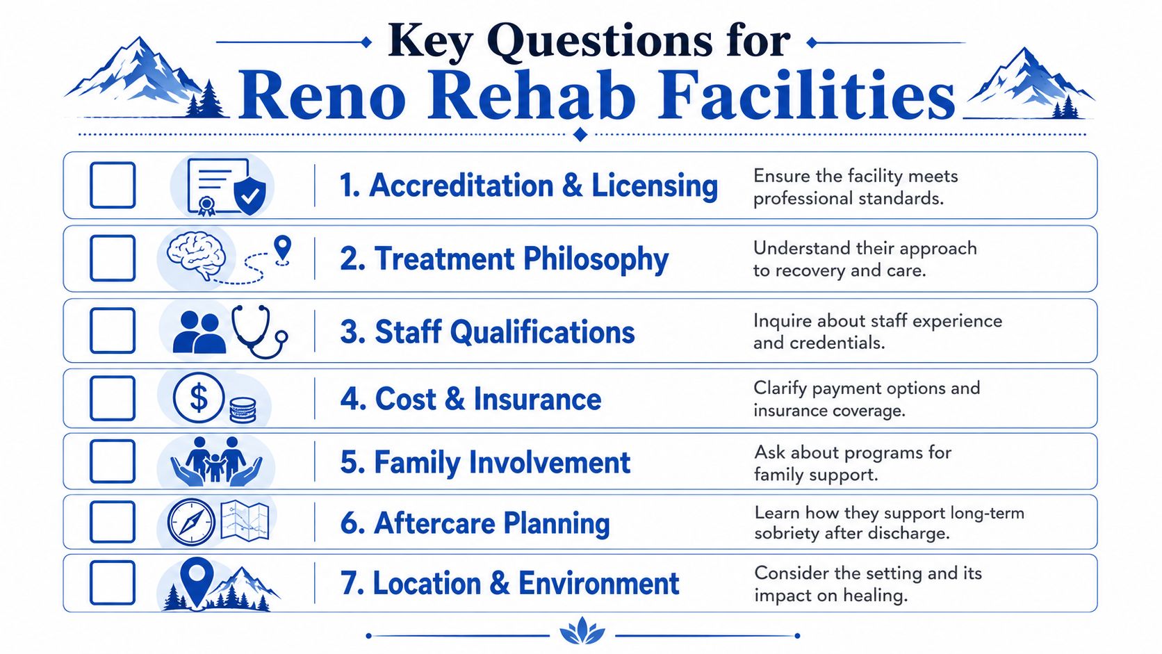 A checklist titled Key Questions for Reno Rehab Facilities outlining seven important factors for choosing addiction treatment centers.