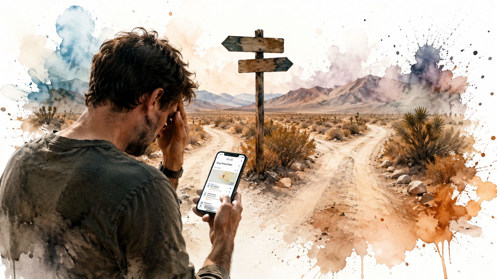 A distressed man looking at a smartphone screen showing a drug rehab map in a desert landscape.