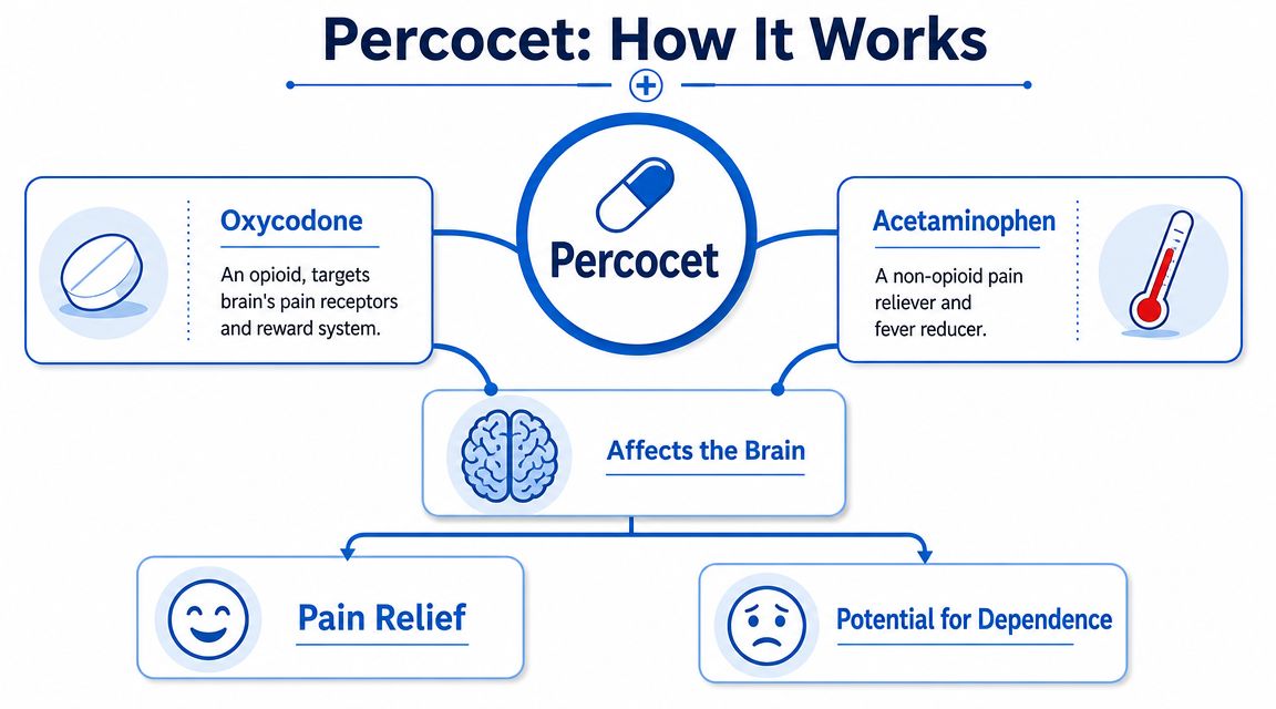A diagram explaining how Percocet works through its two active ingredients, oxycodone and acetaminophen, affecting the brain.