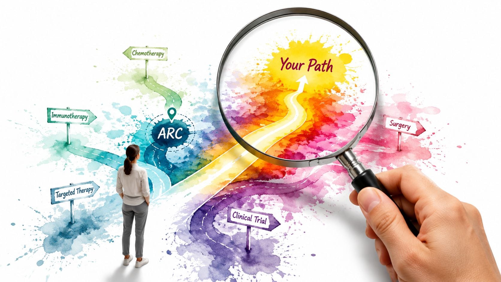 A person looks at a map with medical paths through a magnifying glass labeled your path.
