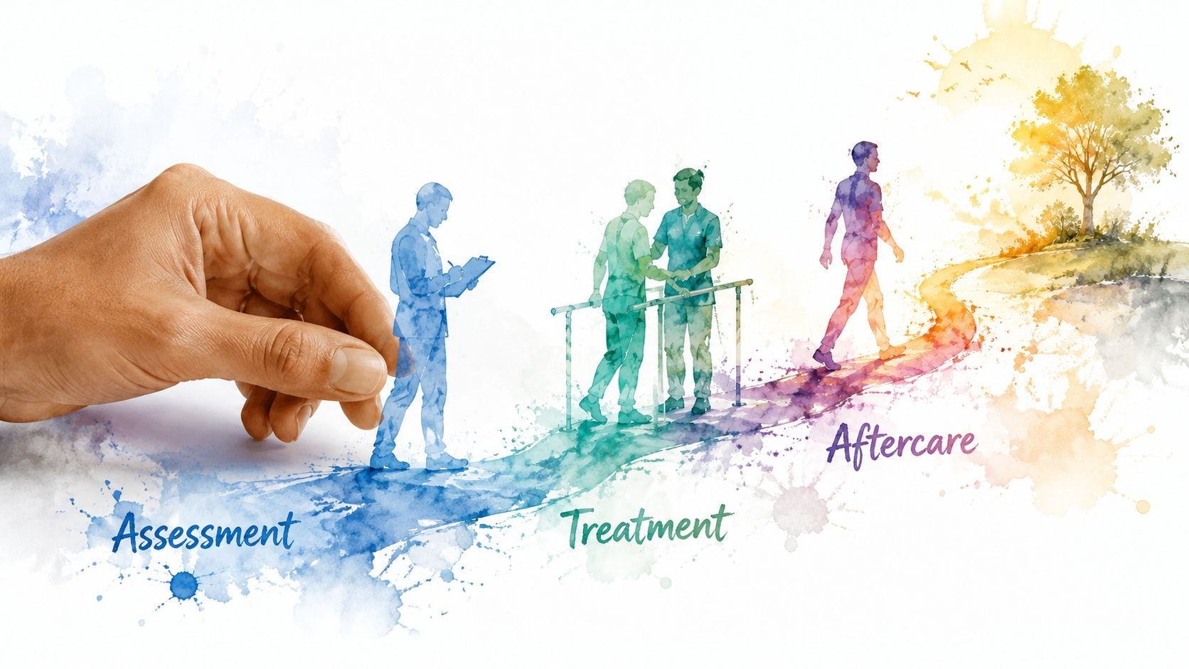 A watercolor illustration depicting the recovery journey through assessment, treatment, and aftercare stages with a supportive hand.