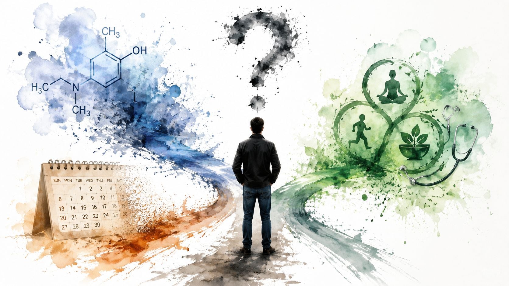 A person standing at a crossroads choosing between medical chemical treatment and natural lifestyle detoxification methods.