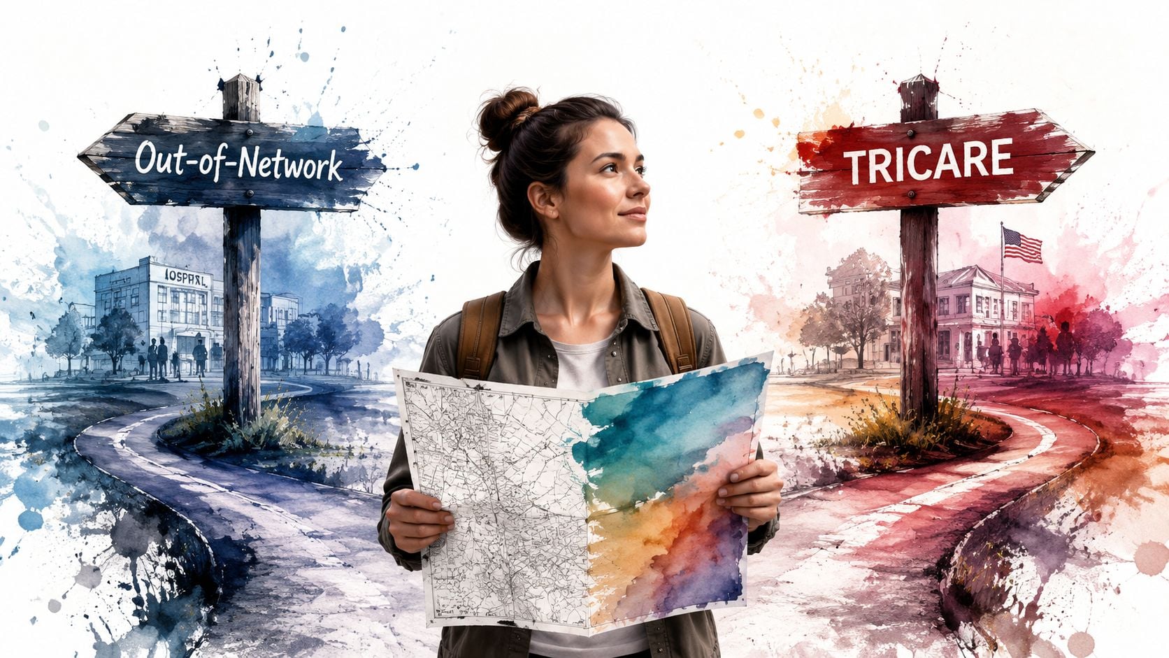 A woman holding a map deciding between an Out-of-Network healthcare path and a TRICARE insurance plan.