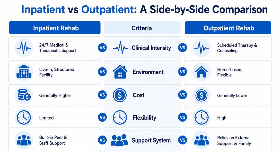 A comparison chart outlining key differences between inpatient and outpatient rehabilitation across five distinct criteria.