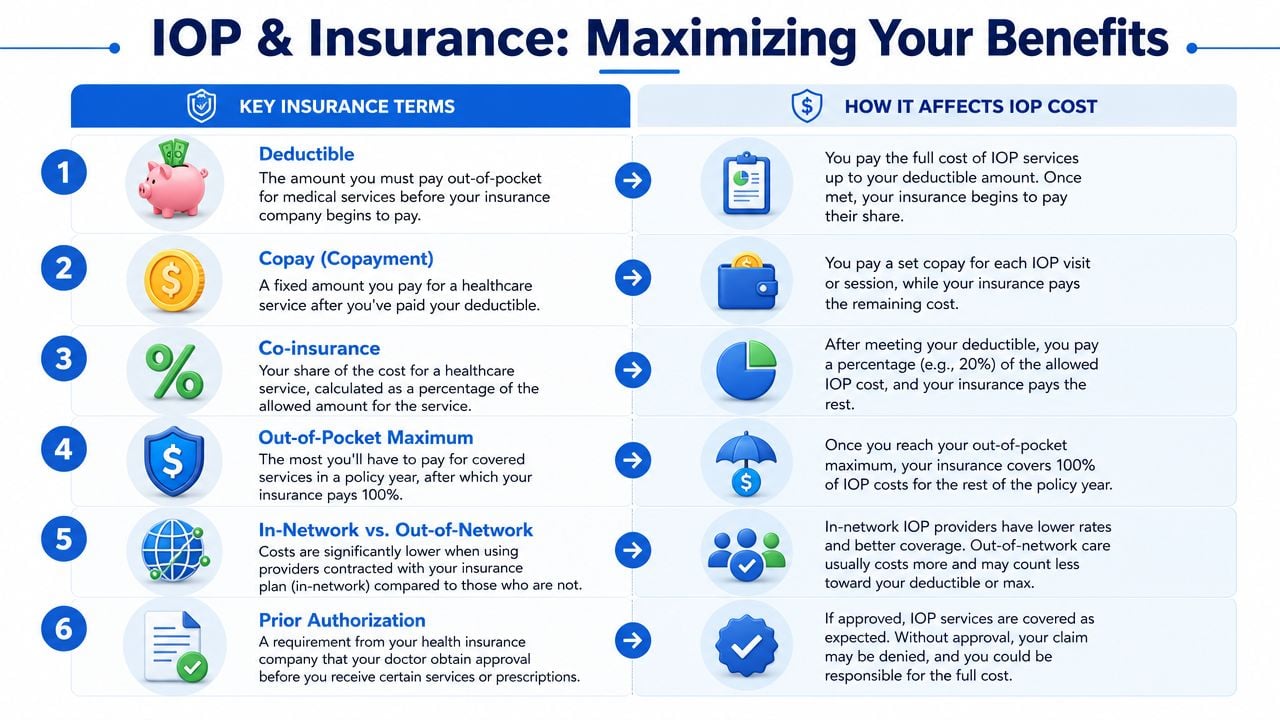 A helpful infographic explaining key insurance terms and how they affect intensive outpatient program costs.
