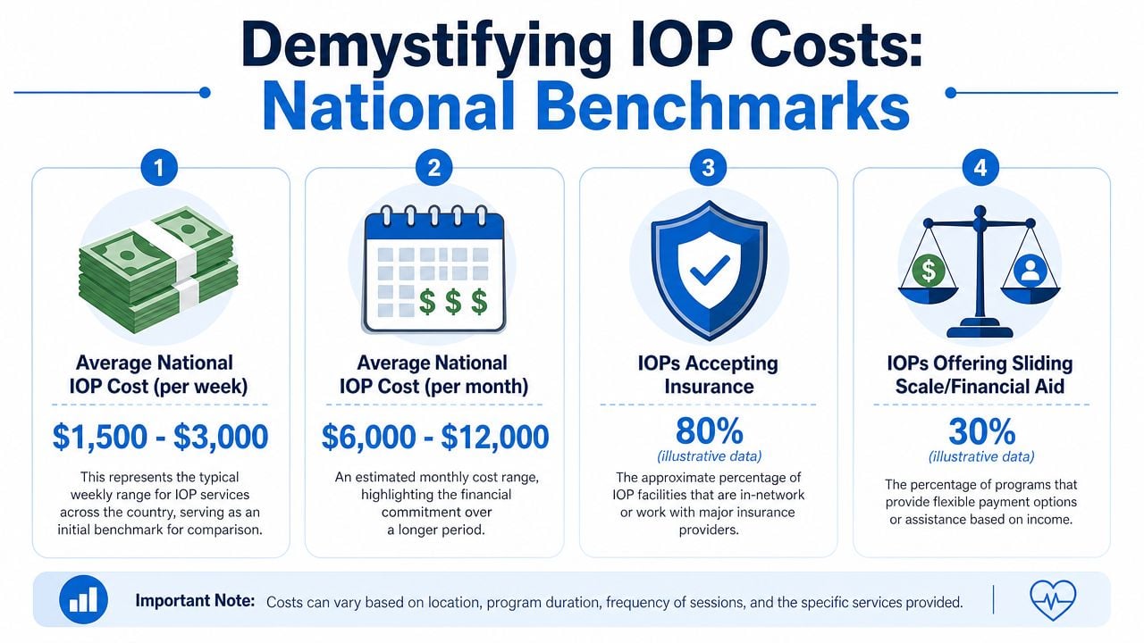 An infographic titled Demystifying IOP Costs showing national benchmarks for weekly and monthly costs and insurance options.