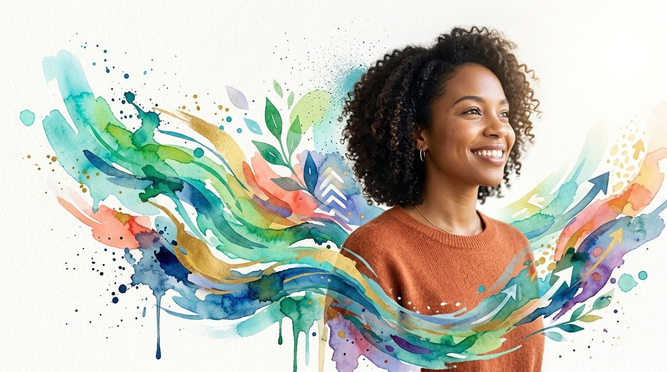 A smiling woman with curly hair against an abstract, colorful watercolor background with upward pointing arrows.