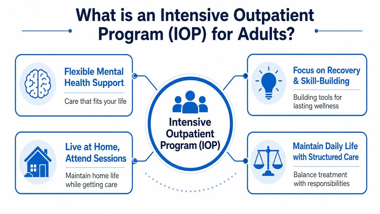 An infographic explaining the benefits of an Intensive Outpatient Program for adults with mental health support.