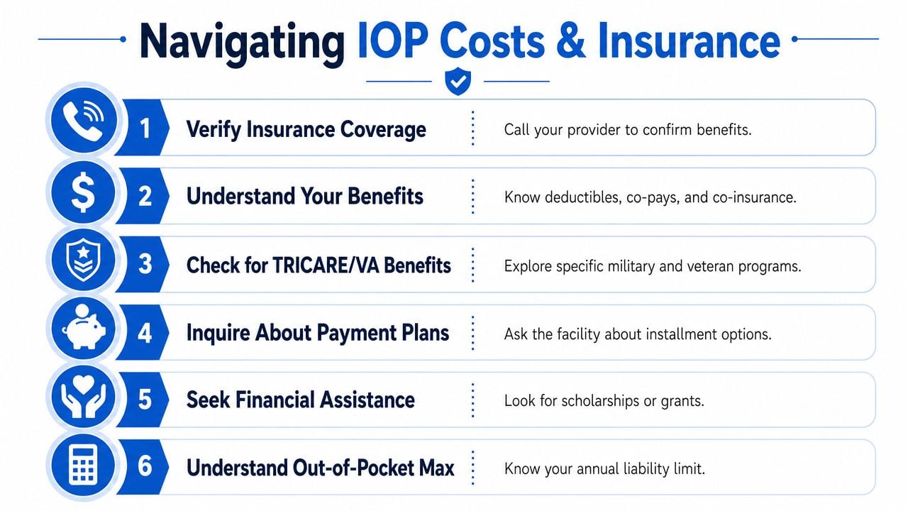 A six-step guide infographic for navigating costs and insurance when using an intensive outpatient program.