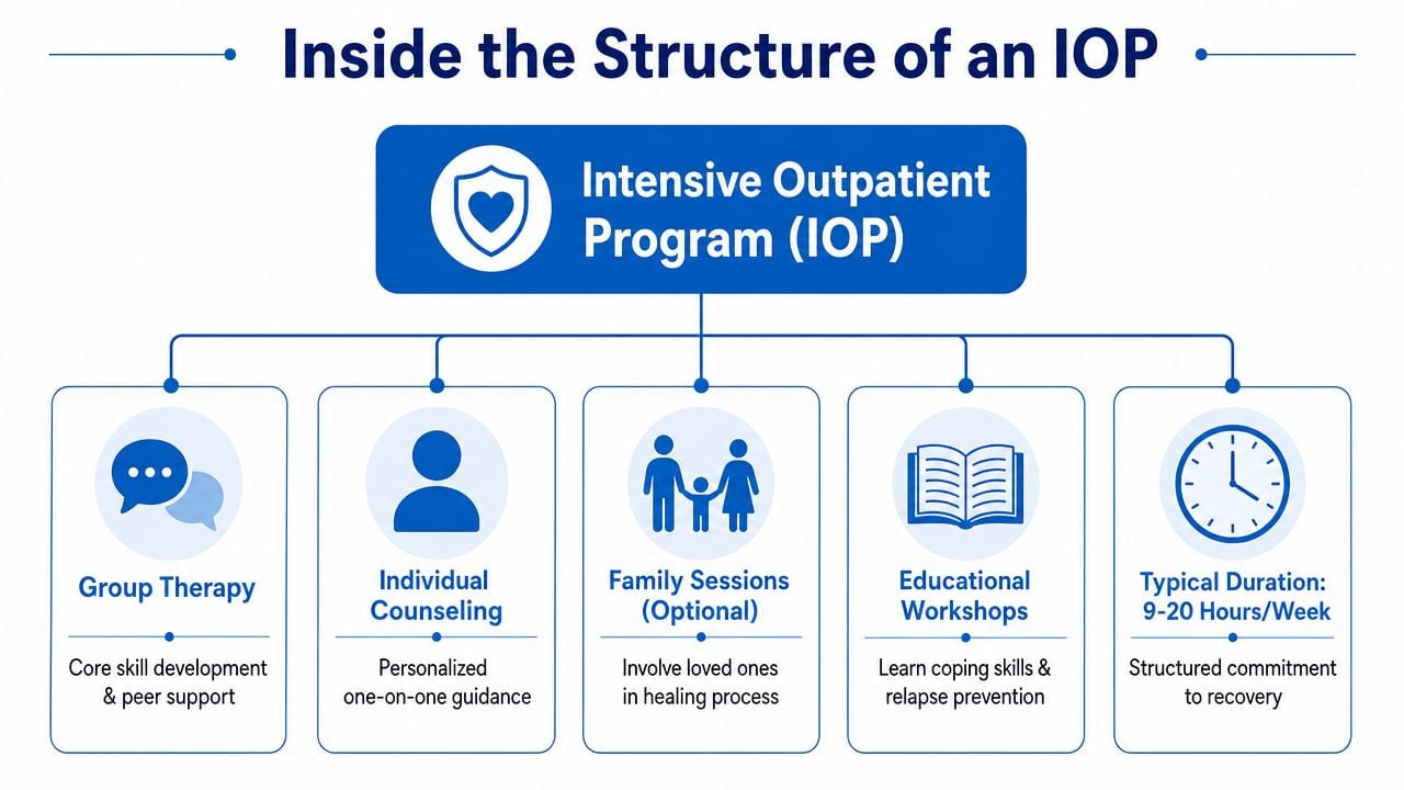 A diagram outlining the key components of an Intensive Outpatient Program including therapy, counseling, and weekly duration.