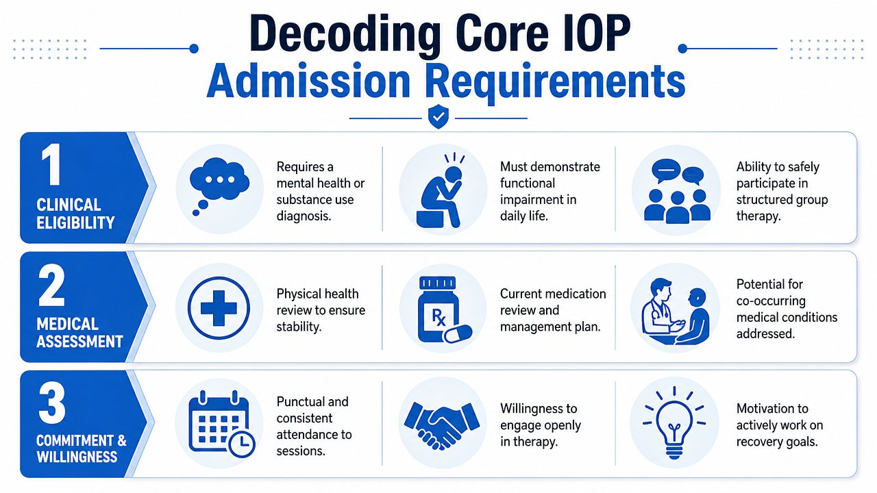A graphic infographic titled Decoding Core IOP Admission Requirements showing three main steps for intake.