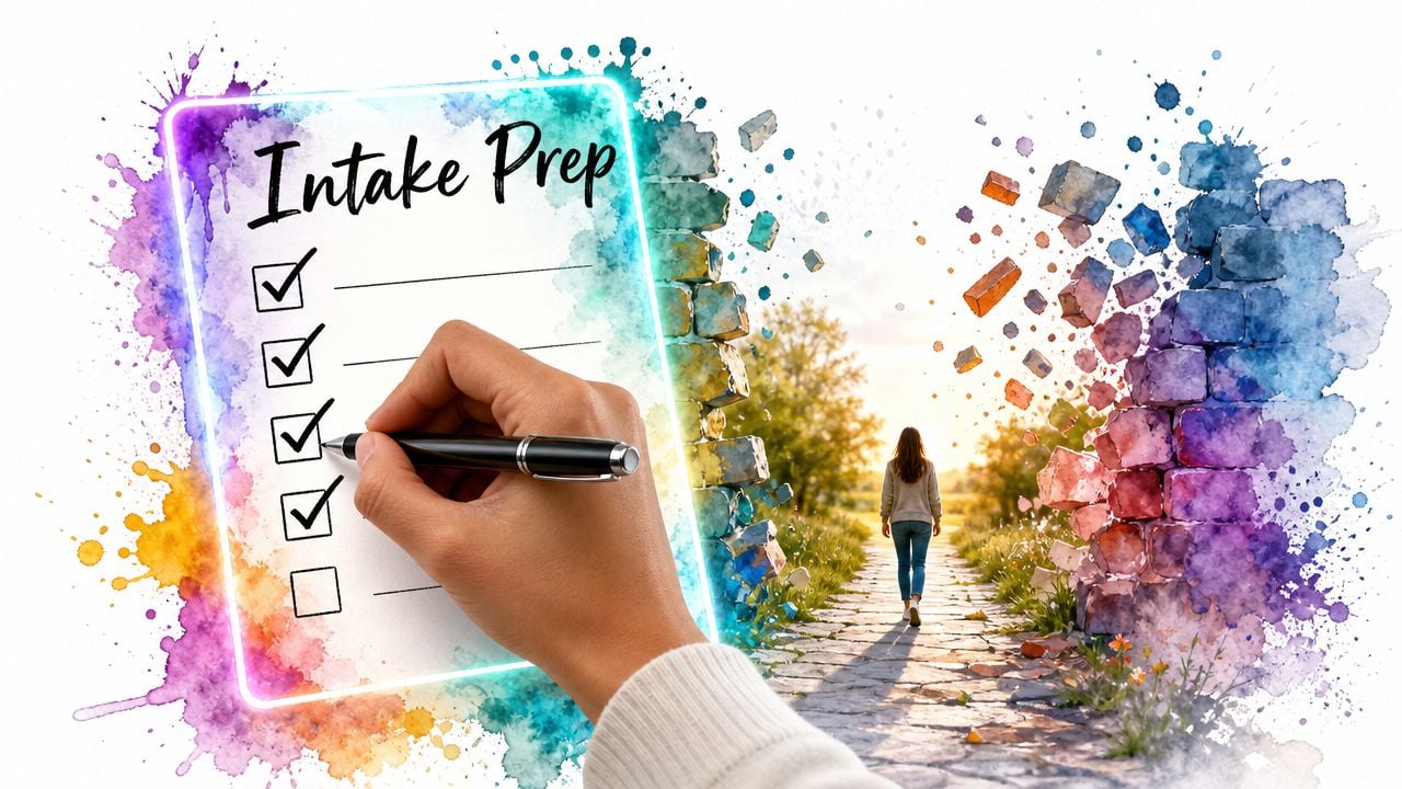 A hand checking off a list labeled Intake Prep while a person walks through a broken wall.