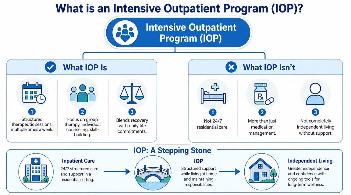 An infographic explaining the Intensive Outpatient Program (IOP), detailing what it is, isn't, and its role as a stepping stone.