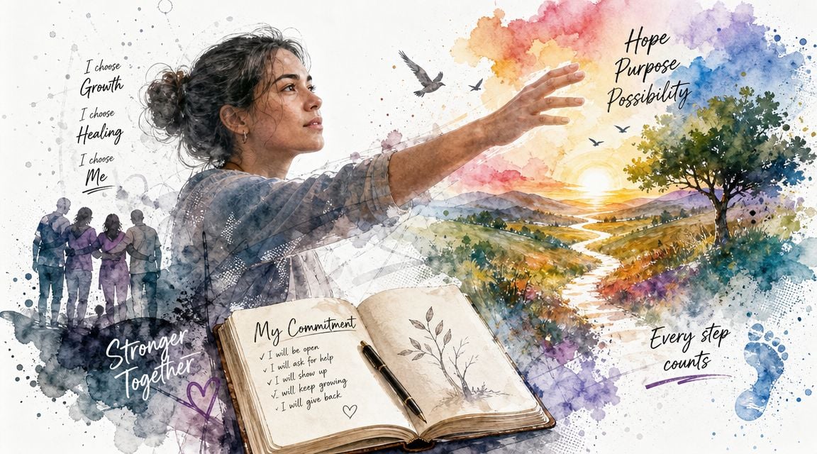 A watercolor illustration of a woman looking towards a sunrise, symbolizing personal growth, healing, and commitment.
