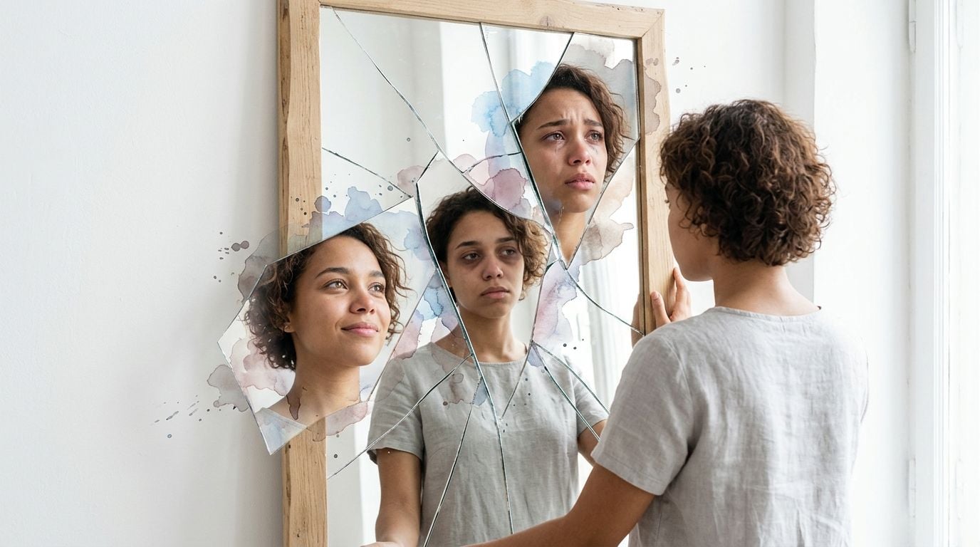 A woman looks into a broken mirror, seeing multiple emotional reflections of herself representing mental struggle.