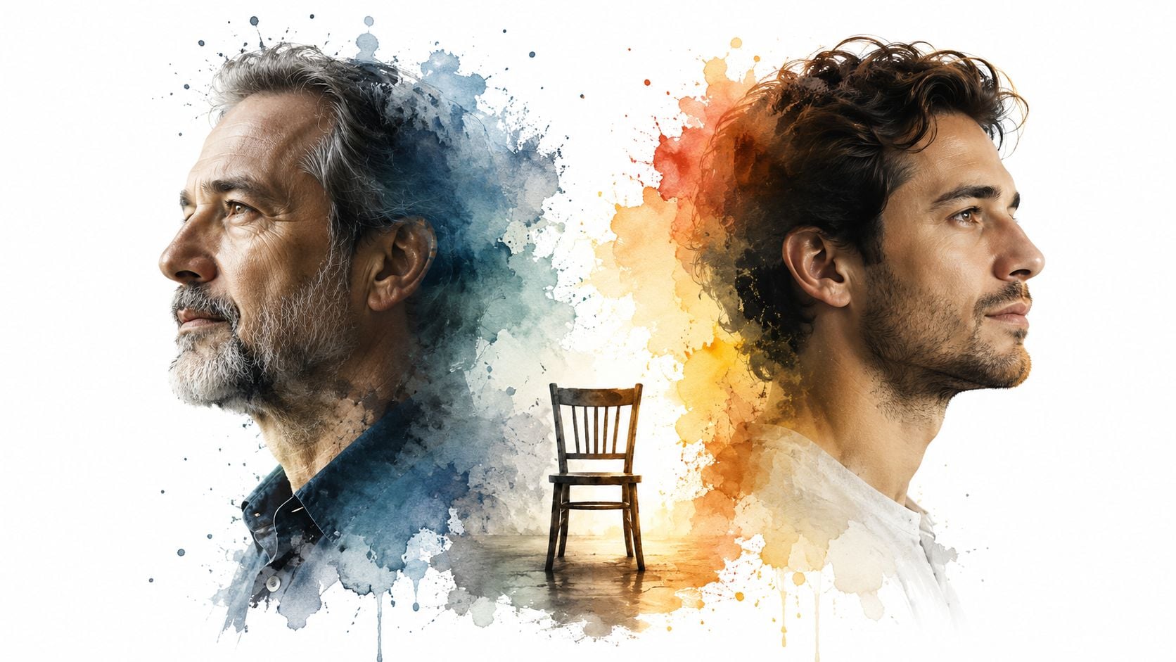 An artistic representation of an older and younger man facing away from each other with a chair between them.