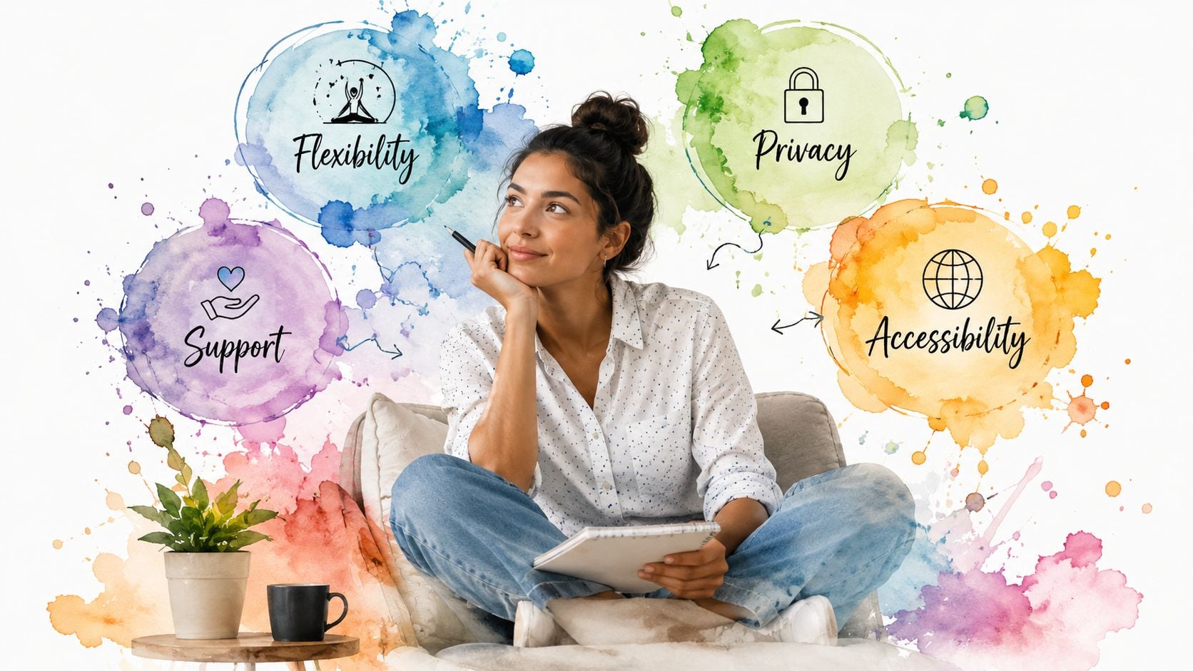 A woman thinking while holding a notebook, surrounded by abstract colorful watercolor splashes representing flexibility, privacy, support, and accessibility.