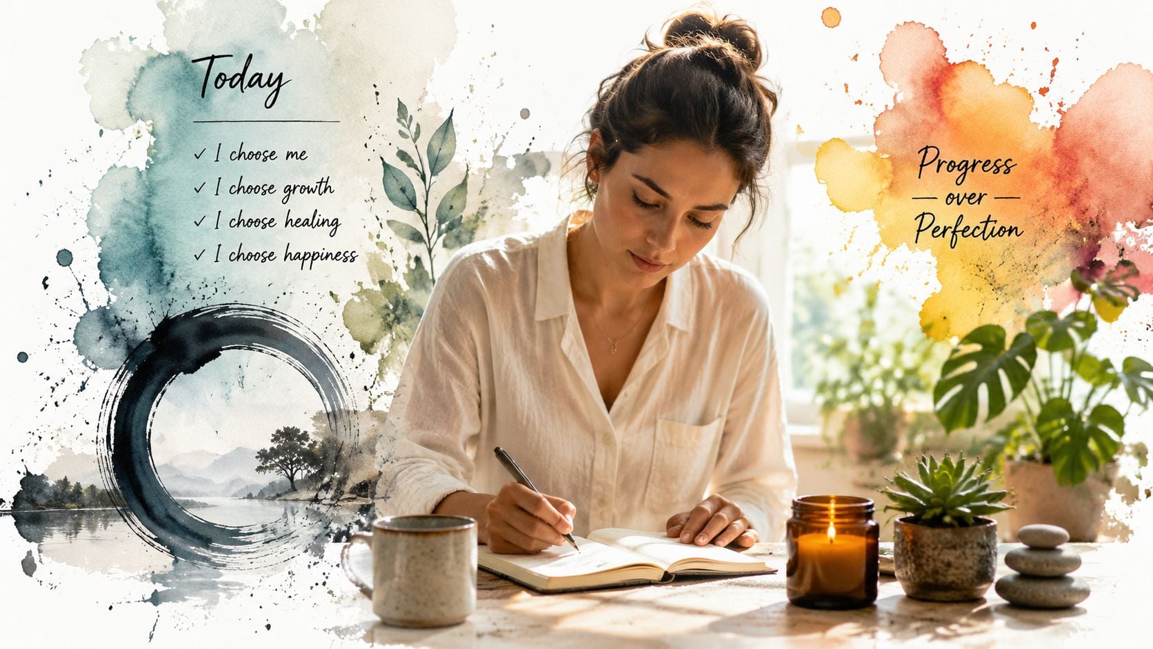 A woman writing in a journal surrounded by calming elements, reflecting themes of personal growth and mindfulness.