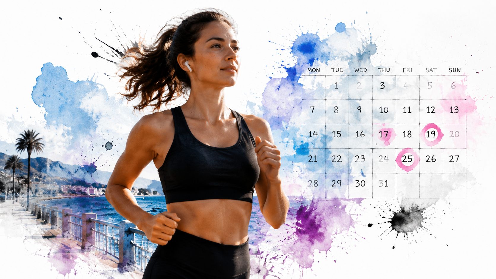 A fit woman jogging outdoors next to a calendar with specific dates highlighted to track fitness progress.