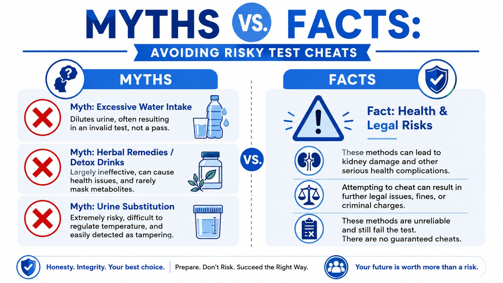 An infographic detailing myths and facts about the risks and ineffectiveness of attempting to cheat urine tests.