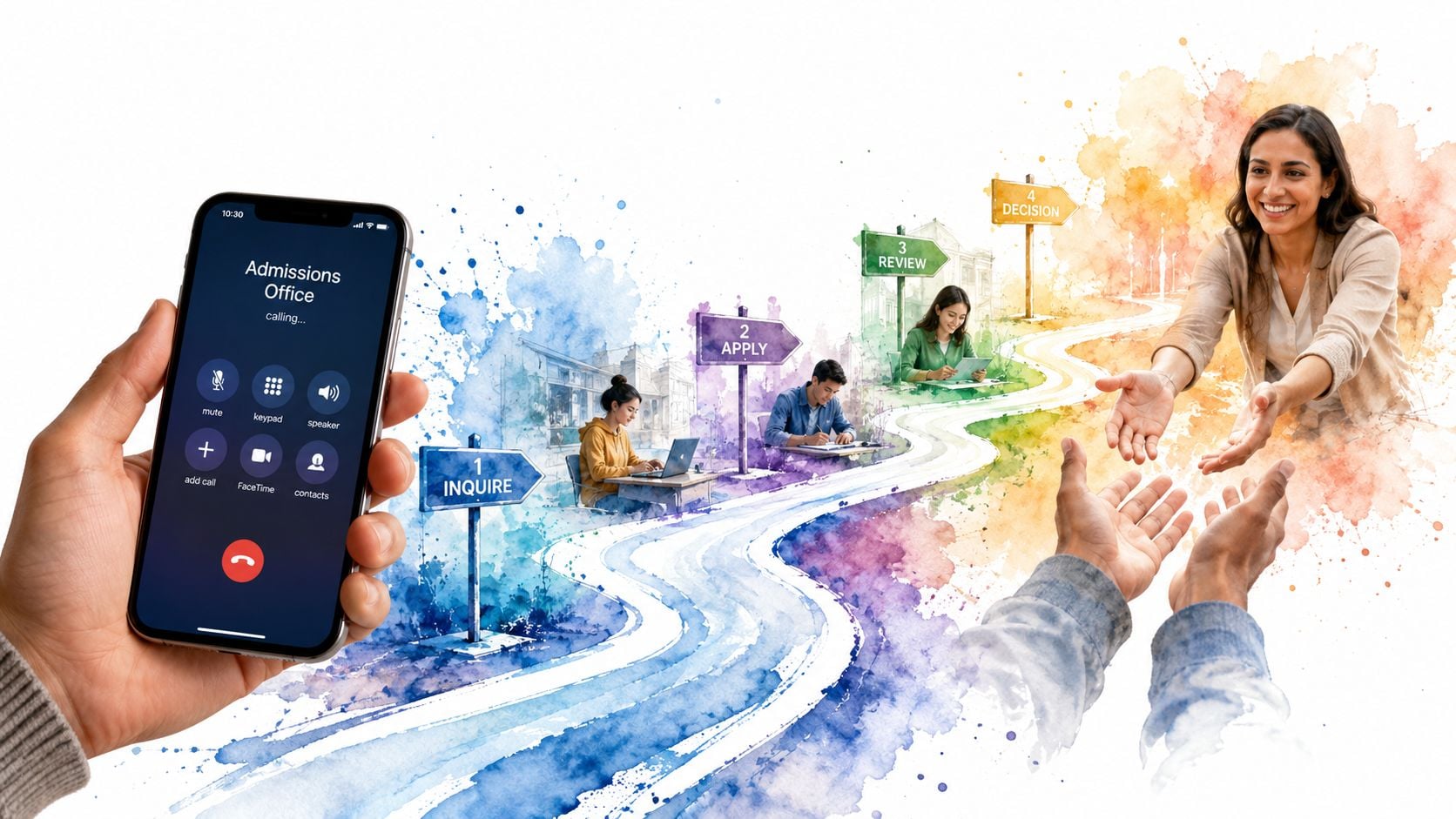 A conceptual illustration showing a person on a mobile phone journeying through the college admissions process.
